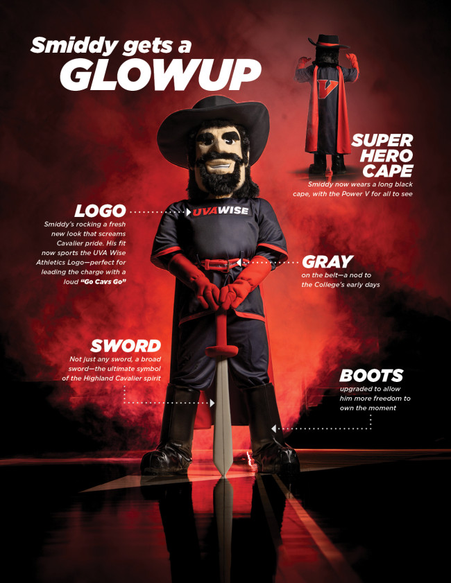 Smiddy Gets a Glowup Superhero Cape-Smiddy now wears a long black cape, with the Power V for all to see, Logo-Smiddy’s rocking a fresh new look that screams Cavalier pride. His fit now sports the UVA Wise Athletics Logo—perfect for leading the charge with a loud “Go Cavs Go”, Gray-on the belt—a nod to the College’s early days, Sword-Not just any sword, a broad sword—the ultimate symbol of the Highland Cavalier spirit, Boots-upgraded to allow him more freedom to own the moment