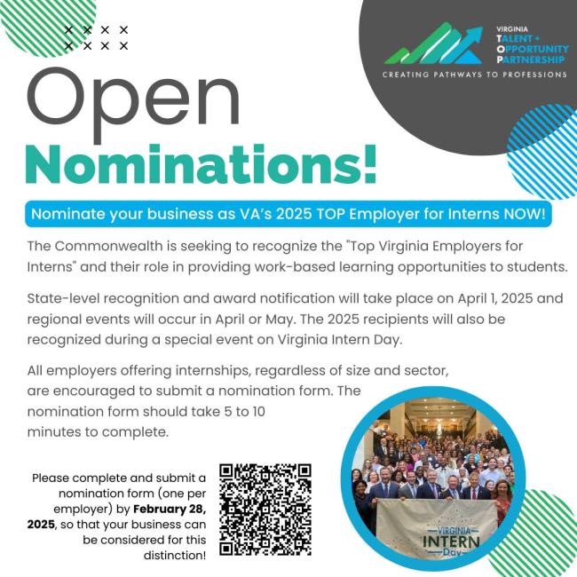 The Commonwealth is seeking to recognize the "Top Virginia Employers for Interns" and their role in providing work-based learning opportunities to students. State-level recognition and award notification will take place on April 1, 2025 and regional events will occur in April or May. The 2025 recipients will also be recognized during a special event on Virginia Intern Day. All employers offering internships, regardless of size and sector, are encouraged to submit a nomination form. The nomination form should take 5 to 10 minutes to complete.