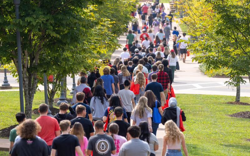 Students walking across campus