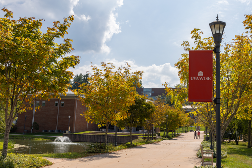 College campus with trees and UVA Wise banner