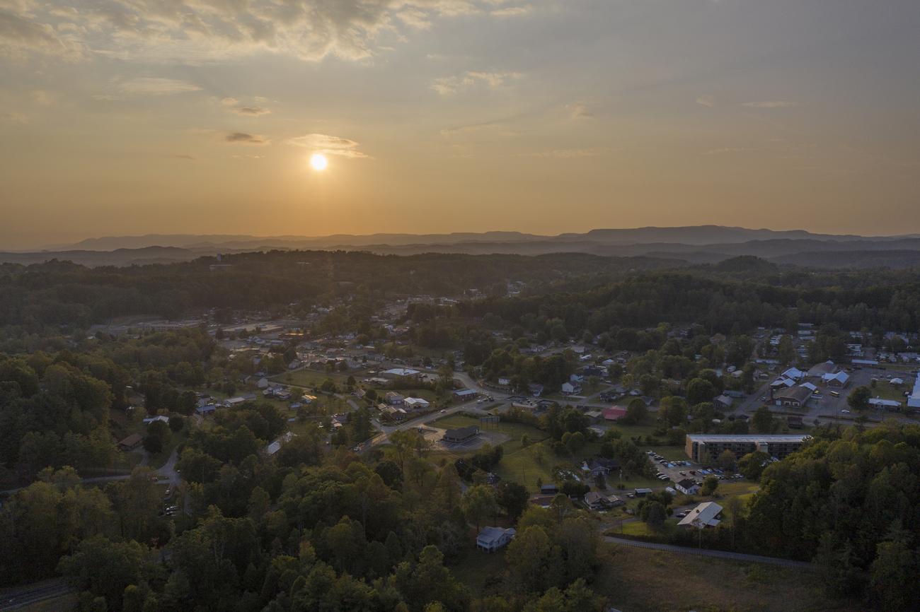 Drone shot of campus overview at sunset