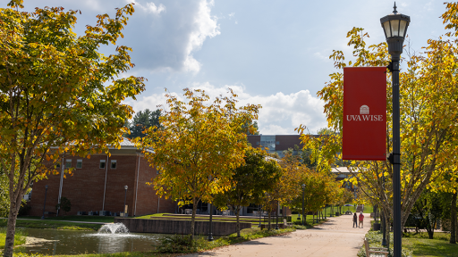 College campus with trees and UVA Wise banner